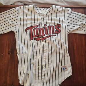 Majestic Twins White Pinstripe Baseball Jersey with Red Logo